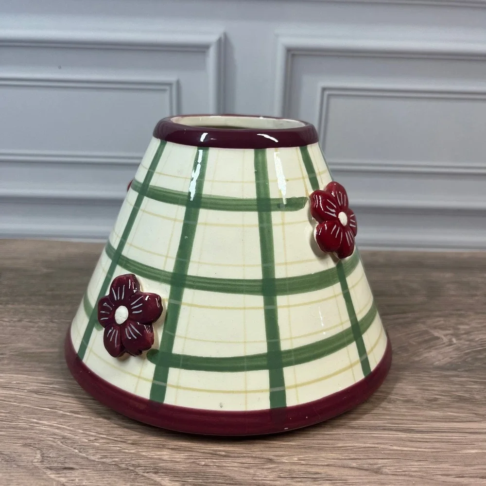 Ceramic Candle Topper Shade Gingham Garden Red Raised Flowers